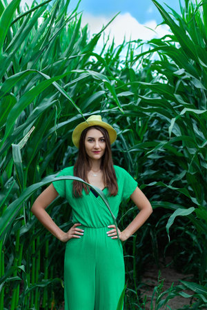 Young pretty woman in the yellow hat among the corn plants in the corn field in summer season. Bereza, Belarusの写真素材
