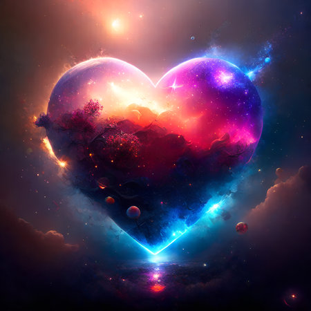 Heart in space with colorful nebula and stars, 3D illustrationの素材