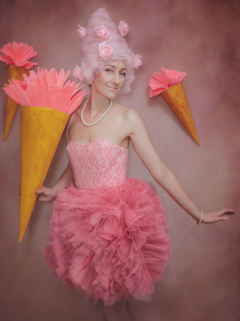 Fashion shot of beautiful young woman in pink dress with ice cream coneの写真素材