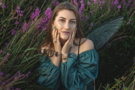 Beautiful young woman with butterfly wings sitting in a field of flowersの写真素材