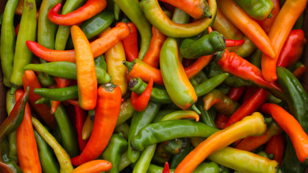Freshly picked green, yellow and red chili peppers. Colorful natural food background.