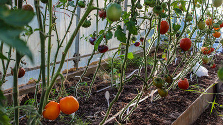 Fresh ripe red tomatoes and unripe tomatoes hang from branches in an organic garden. Growing...