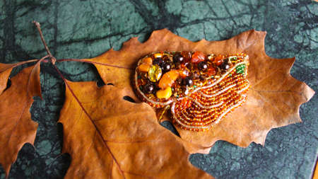 Brooch in the shape of a birch leaf, embroidered with beads and amber. The brooch lies on dried yellow oak leaves on the table. Women's jewelry. Vintage decoration, autumn background.の写真素材