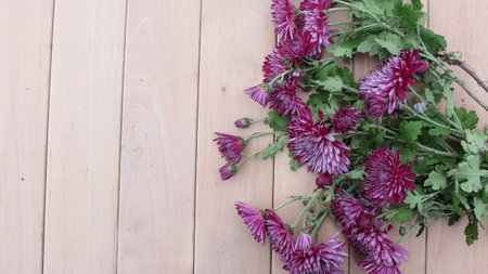 Bouquet of purple chrysanthemum flowers on a light wooden background. Floral autumn background. Top...