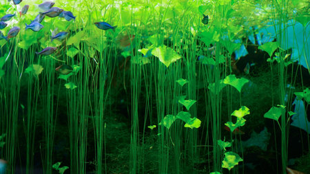 A flock of small colorful fish swims in the aquarium. Beautiful green algae grow in the aquarium.の写真素材