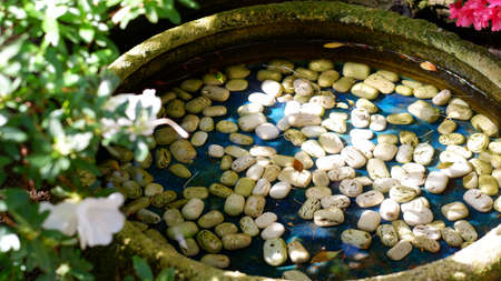A small round artificial water tank in the territory of a Japanese garden. There are small white pebbles in the water. Flowering plants surround the pond. Romantic corner of the Japanese garden.の写真素材