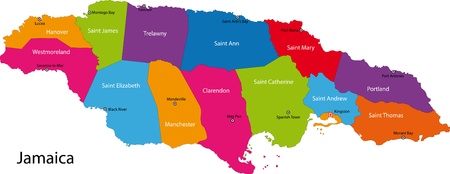 Map of Jamaica with the parishes colored in bright colors and the capital citiesのイラスト素材