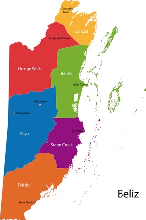 Belize map designed in illustration with the regions colored in bright colors and with the main cities のイラスト素材