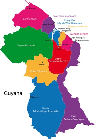 Map of the Co-operative Republic of Guyana with the regions colored in bright colors and the main citiesのイラスト素材