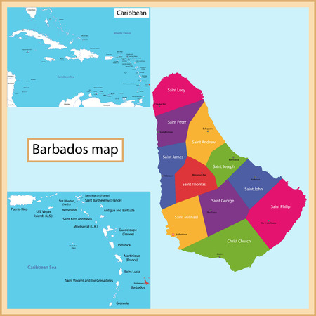 Map of Barbados drawn with high detail and accuracy  Barbados is divided into parishes which are colored with different bright colorsのイラスト素材