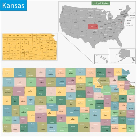 Map of Kansas state designed in illustration with the counties and the county seatsのイラスト素材