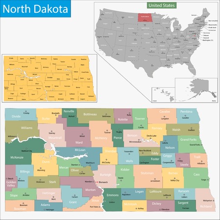 Map of North Dakota state designed in illustration with the counties and the county seatsのイラスト素材