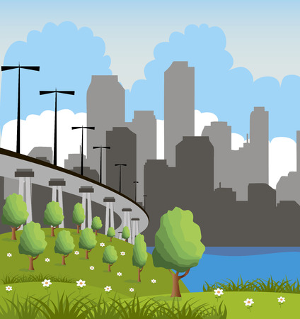 Green City Landscape with tree, river and fskyscrapers.のイラスト素材
