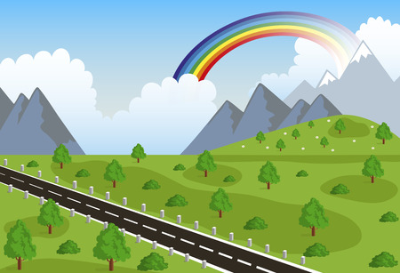 Illustration of a cartoon summer or spring road to mountains landscapeのイラスト素材