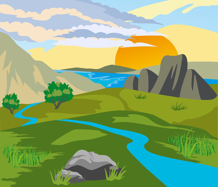 River valley surrounded by mountains at sunsetのイラスト素材