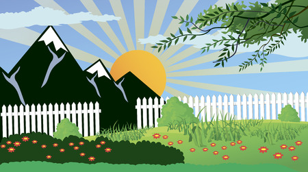 Ilustration of a rural landscape in a calm and tranquil environmentのイラスト素材