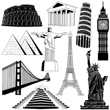 Black and white illustration of famous sights on globeの写真素材