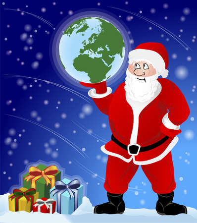 Santa Claus with presents and holding the Earthのイラスト素材