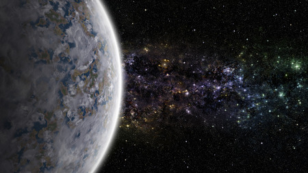 Alien planet with starry nebula in the deep spaceの写真素材