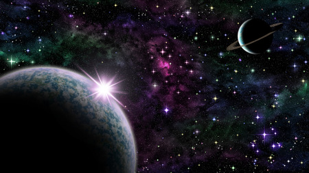 Illustration of purple sunrise over planet in spaceの写真素材
