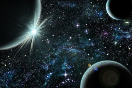Illustration of view of blue sunrise over blue planet with two satellite in spaceの写真素材