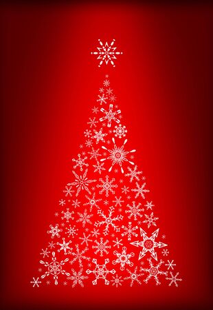 White abstract christmas tree made of snowflakes in white color and different sizes on red backdrop. Vector illustration greeting card or Happy new year,  merry christmasの写真素材