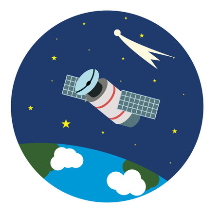Vector image of fly space satellite over the Earth on starry background.のイラスト素材