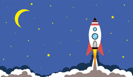 Vector image of launch of rocket starship startup to the Moon.のイラスト素材