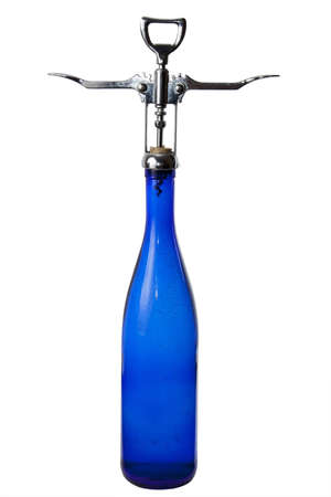 bottle and corkscrew on white backgroundの写真素材
