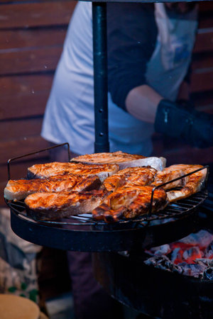 steak on the grill with flames.の写真素材