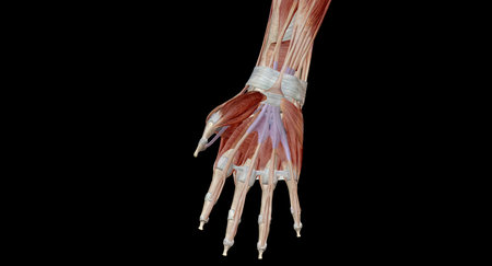 The hand and wrist are made up of many different bones, muscles and ligaments that enable a wide range of movements. 3D renderingの写真素材