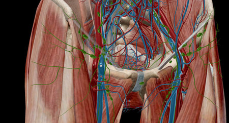Inguinal lymph nodes are lymph nodes in the human groin. Located in the femoral triangle of the inguinal region, they are grouped into superficial and deep lymph nodes. 3D renderingの写真素材