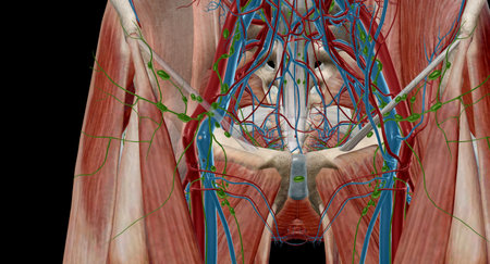 Inguinal lymph nodes are lymph nodes in the human groin. Located in the femoral triangle of the inguinal region, they are grouped into superficial and deep lymph nodes. 3D renderingの写真素材