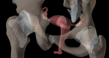 The female gonads, ovaries, are a pair of reproductive glands, one on each side of the uterus, located in the pelvis. Men also have two under the penis. 3D renderingの写真素材