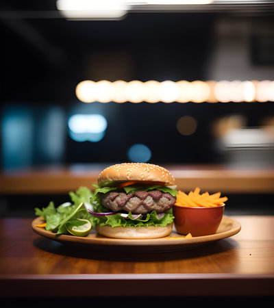 Cheese burger - American cheese burger with fresh salad on wooden plateの素材