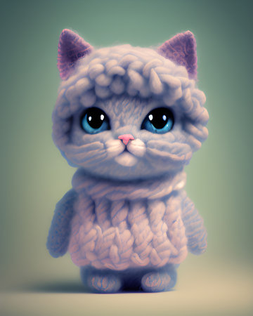 Cute cat in a knitted hat and scarf on a gray background.の素材