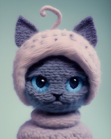 Cute knitted cat with blue eyes in a hat and scarfの素材
