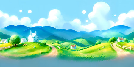 Beautiful rural landscape with green hills and blue sky. vector illustration.の素材