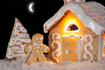 Gingerbread man cookie standing in snow beside house  Moon and stars in the sky  Christmas...