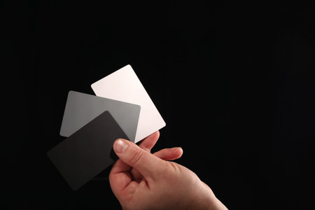 Grey Card. Set of white, black and 18% gray color cards for digital white balance adjustment in a...