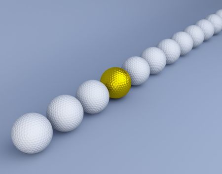 Golf balls in line formation on blue background (3d render) の写真素材