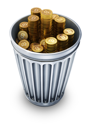 Bitcoin currency in trash canの写真素材