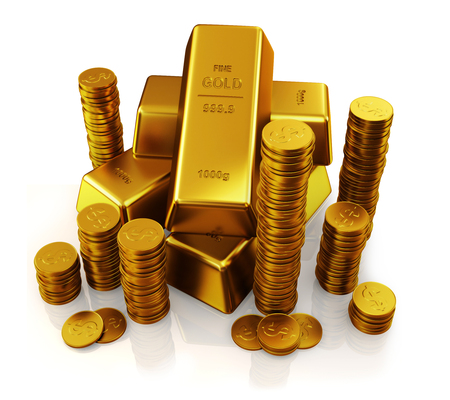 gold bars and golden coinsの写真素材