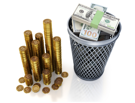 bitcoins on a white back and dollar banknotes in trash canの写真素材