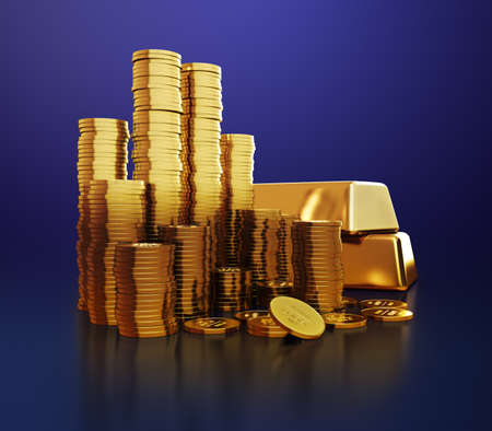 Golden coins and goldbars 3d renderの写真素材