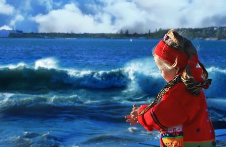 reporting - a storm in the Crimean city of Sevastopol. The girl and the seaの写真素材