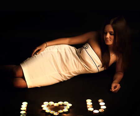 young girl and candles on a black backgroundの写真素材