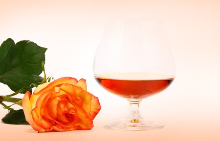 Glass of cognac and rose isolated on a pink backgroundの写真素材