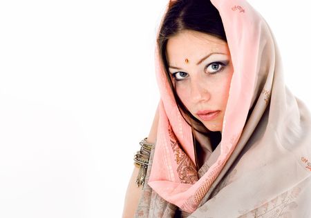 young beautiful brunette in the indian national dressの写真素材