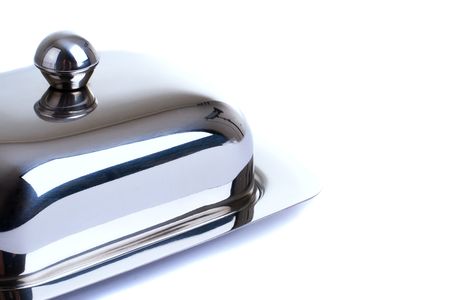 Series. Stainless butterdish on a white backgroundの写真素材